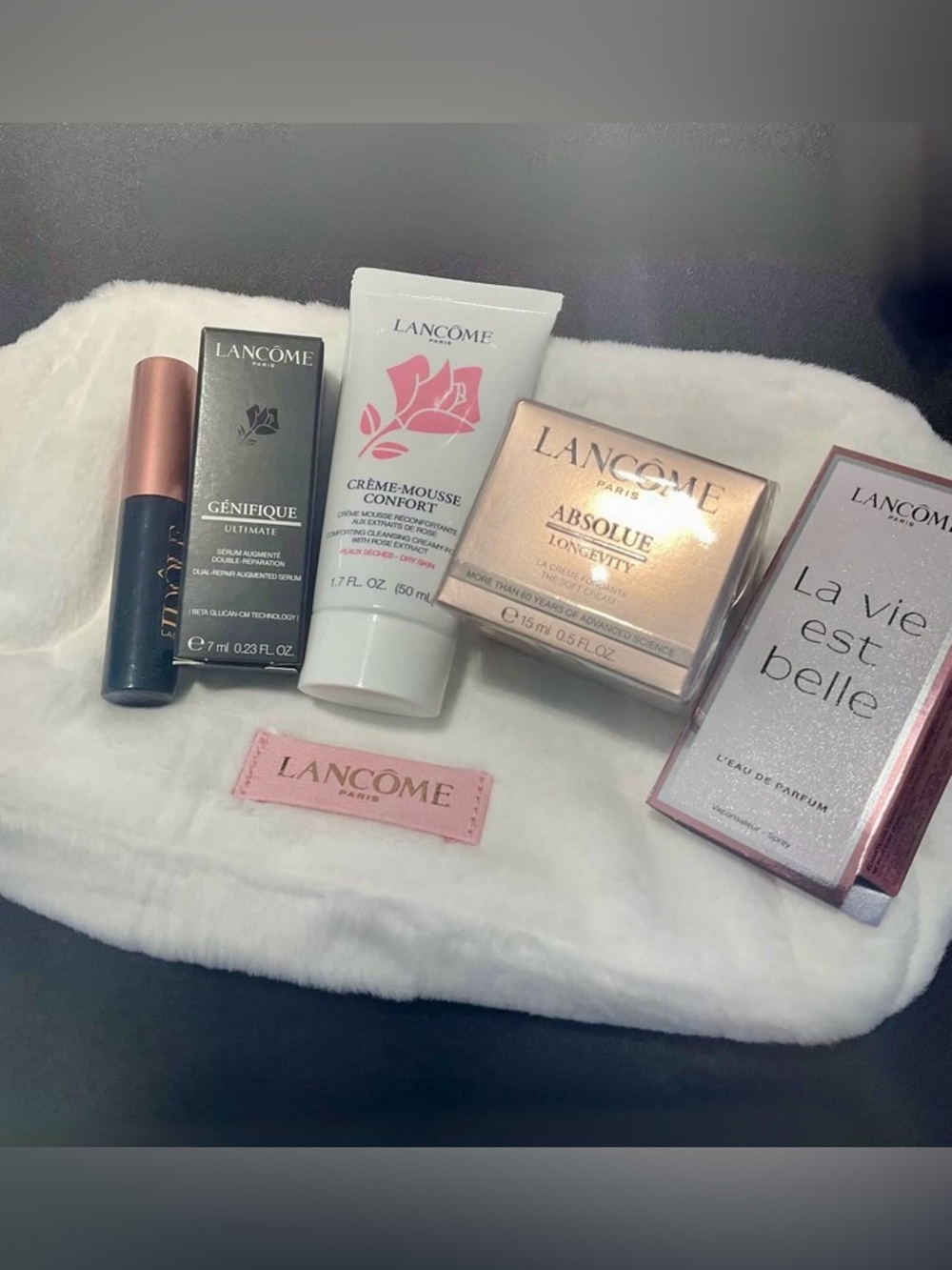 Lancôme White Plush Cosmetic Bag with Pink Logo Patch